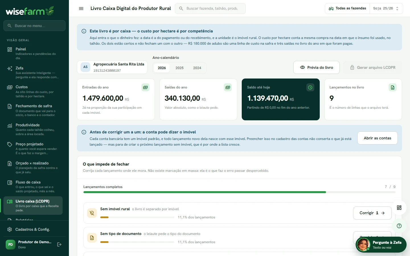 O Livro Caixa Digital do Produtor Rural no WiseFarm, com as pendências listadas.
